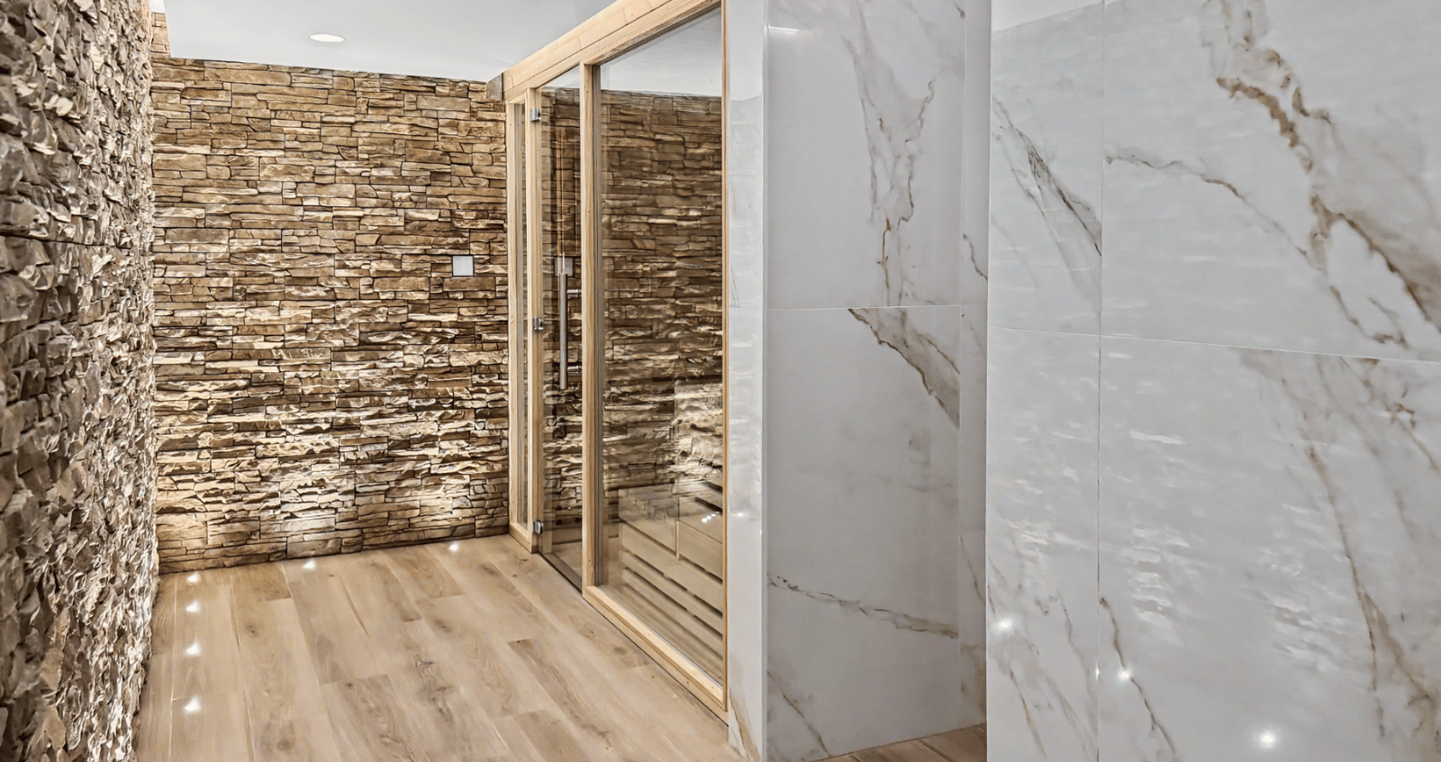 Vstup do sauny s kamennou zdí ve wellness Apartmánů Pastviny